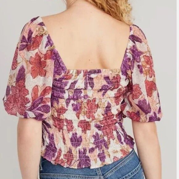 Old Navy Smocked Blouse Puff Sleeve Peasant Top Autumn Leaves Print Size Large - Picture 2 of 7